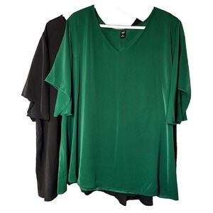 Shein Curve V-neck Black & Green Tops Flutter Sleeve Flare Hem Size 4XL Career